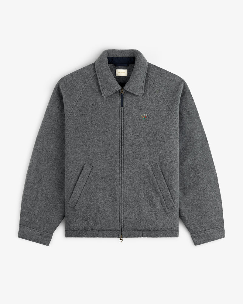 Crest Fleece Casual Jacket: gray zip-up with collar, two front pockets, and colorful chest logo.