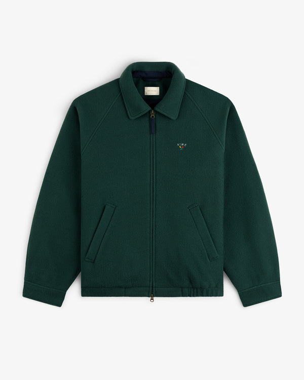 Crest Fleece Casual Jacket—dark green zip-up with collar, 2 pockets, and chest logo embroidery.