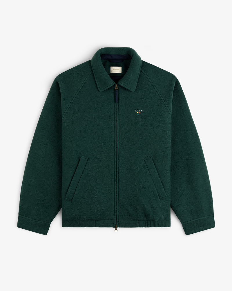 Crest Fleece Casual Jacket—dark green zip-up with collar, 2 pockets, and chest logo embroidery.