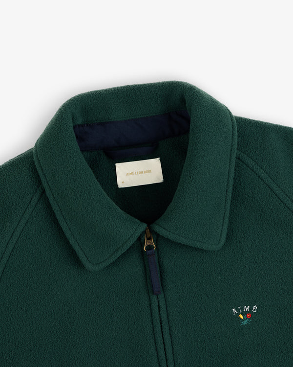 Crest Fleece Casual Jacket in dark green with collar, zipper, and AIMÉ plus red rose embroidered on the chest.
