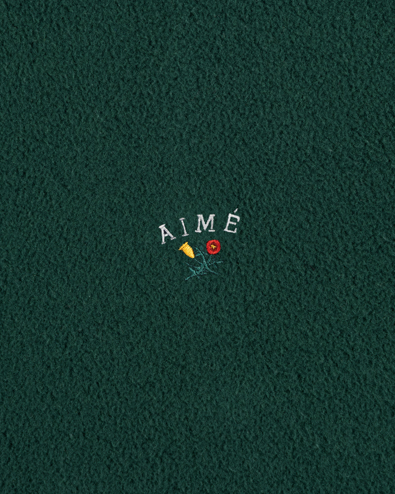 Green fleece Crest Fleece Casual Jacket with AIMÉ text embroidered above a yellow flower and red rose.