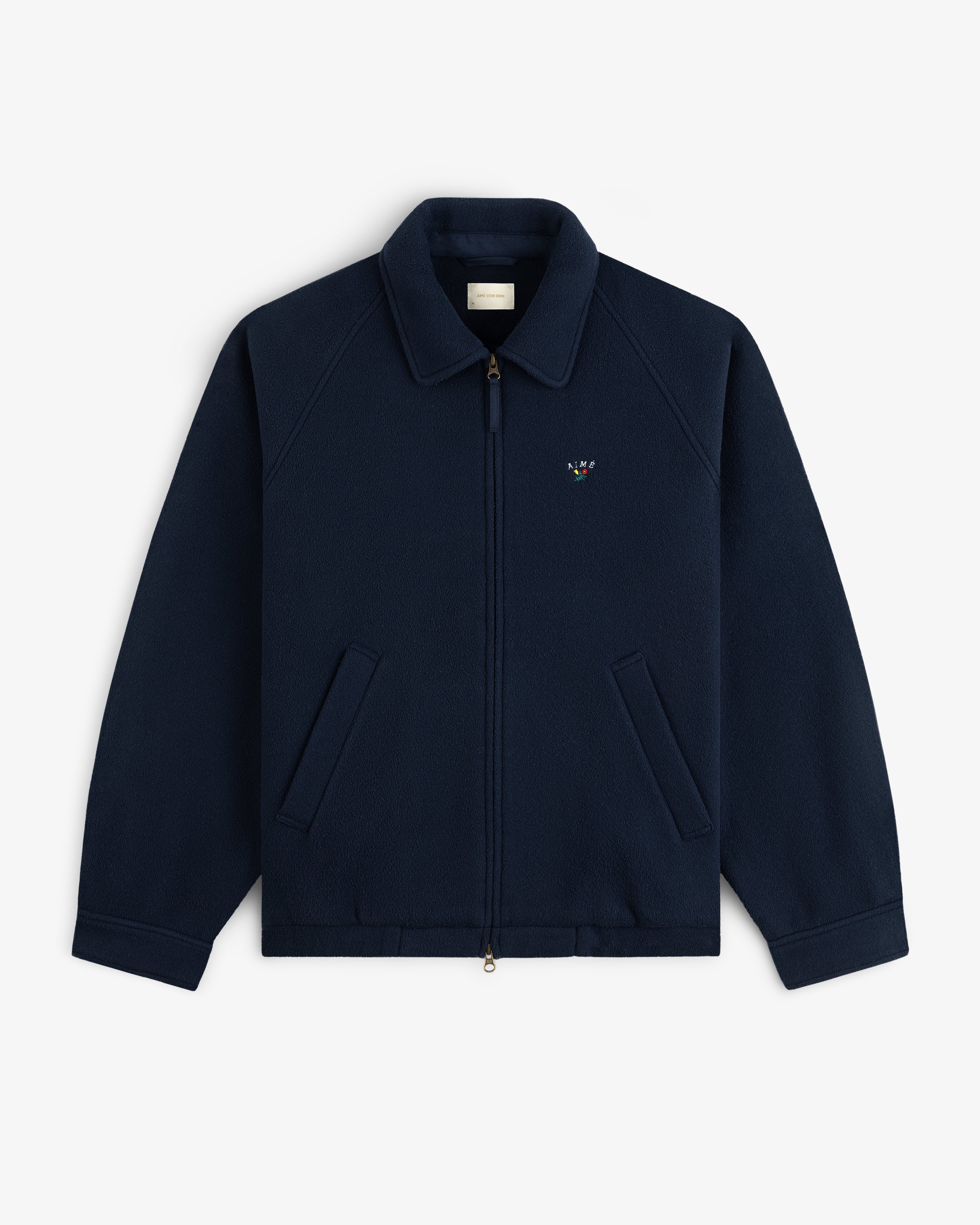 Crest Fleece Casual Jacket: navy, zip-up, collared, front pockets, small logo embroidered on left chest.