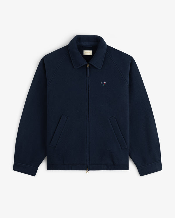 Crest Fleece Casual Jacket: navy, zip-up, collared, front pockets, small logo embroidered on left chest.