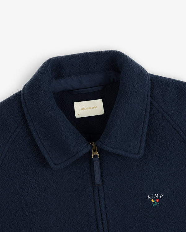 Crest Fleece Casual Jacket in navy blue with zipper, collar, and AIMÉ rose embroidered logo.