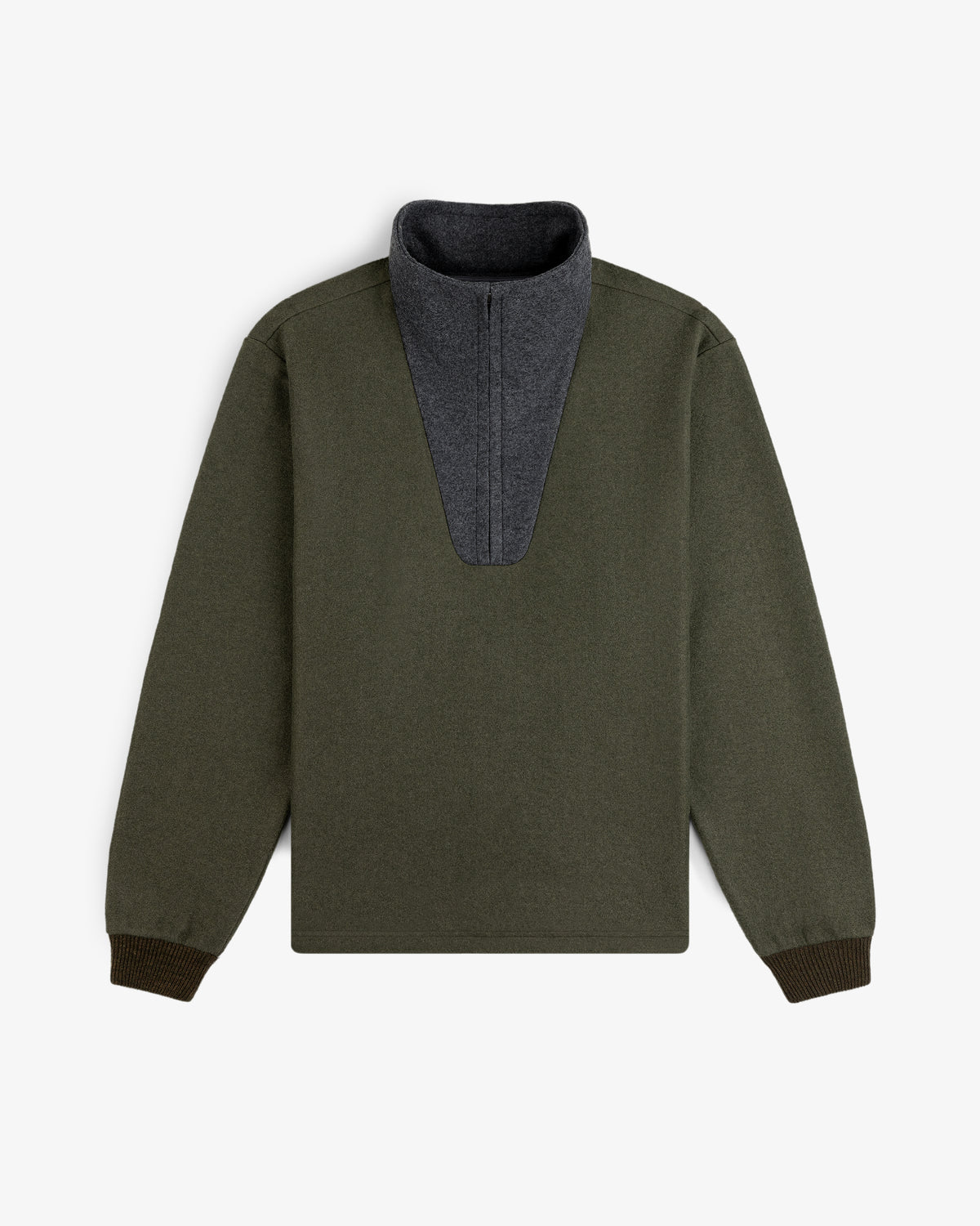 Surplus Fleece Quarter Zip Pullover in olive green with a grey collar and ribbed cuffs.