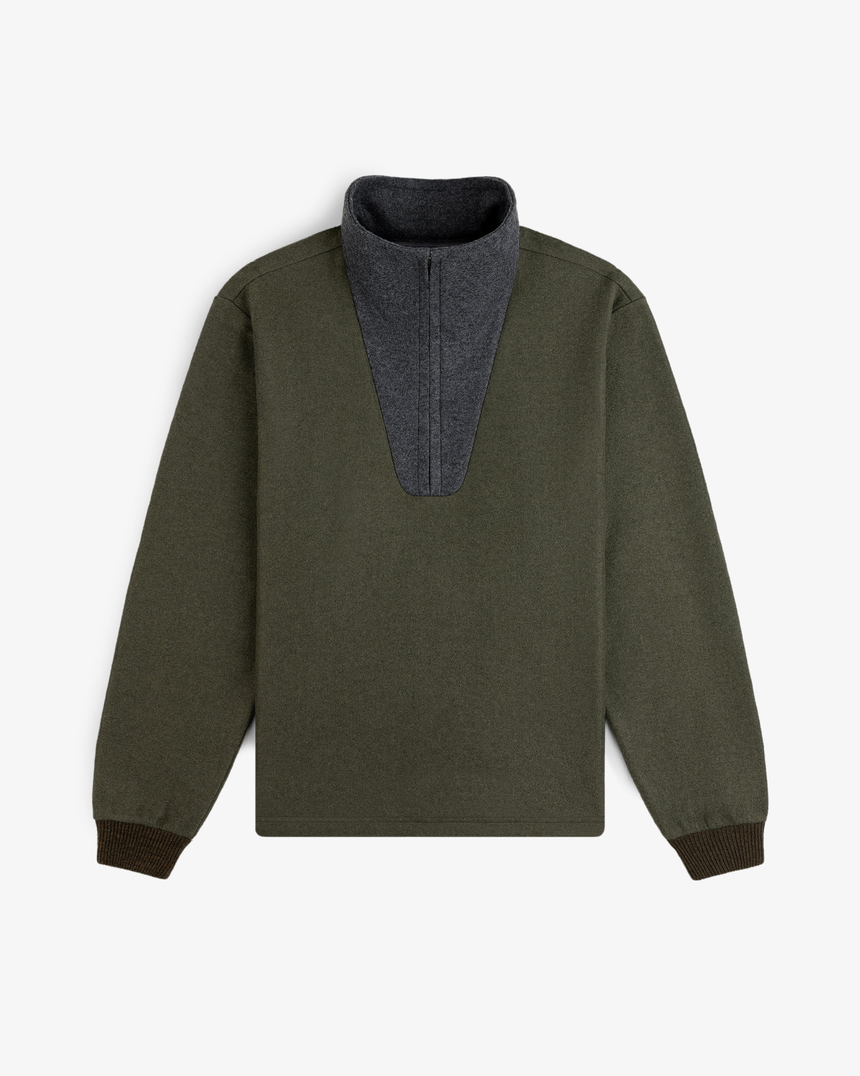 Surplus Fleece Quarter Zip Pullover in olive green with a grey collar and ribbed cuffs.