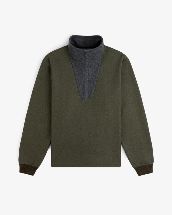 Surplus Fleece Quarter Zip Pullover in olive green with a grey collar and ribbed cuffs.