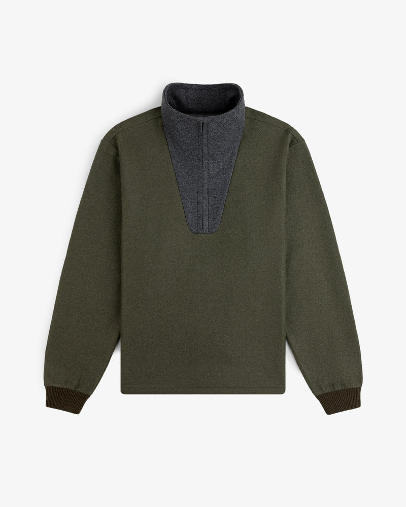 Surplus Fleece Quarter Zip Pullover in olive green with a grey collar and ribbed cuffs.