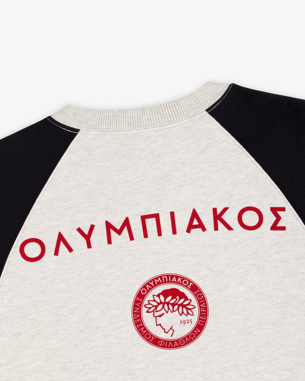 ALD / Olympiacos F.C. Colorblock Crewneck Sweatshirt in light gray with black sleeves, Greek text, and a red back crest.