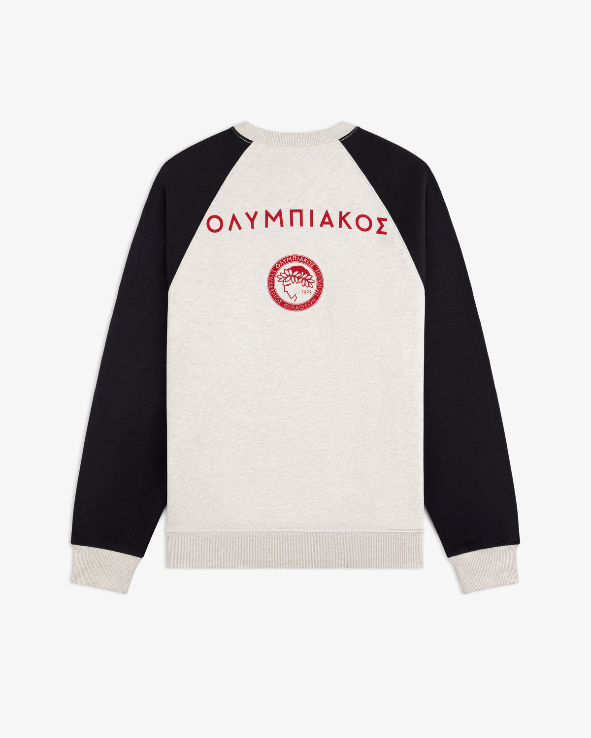 ALD / Olympiacos F.C. light gray colorblock crewneck, black raglan sleeves, red Greek text, and back crest.