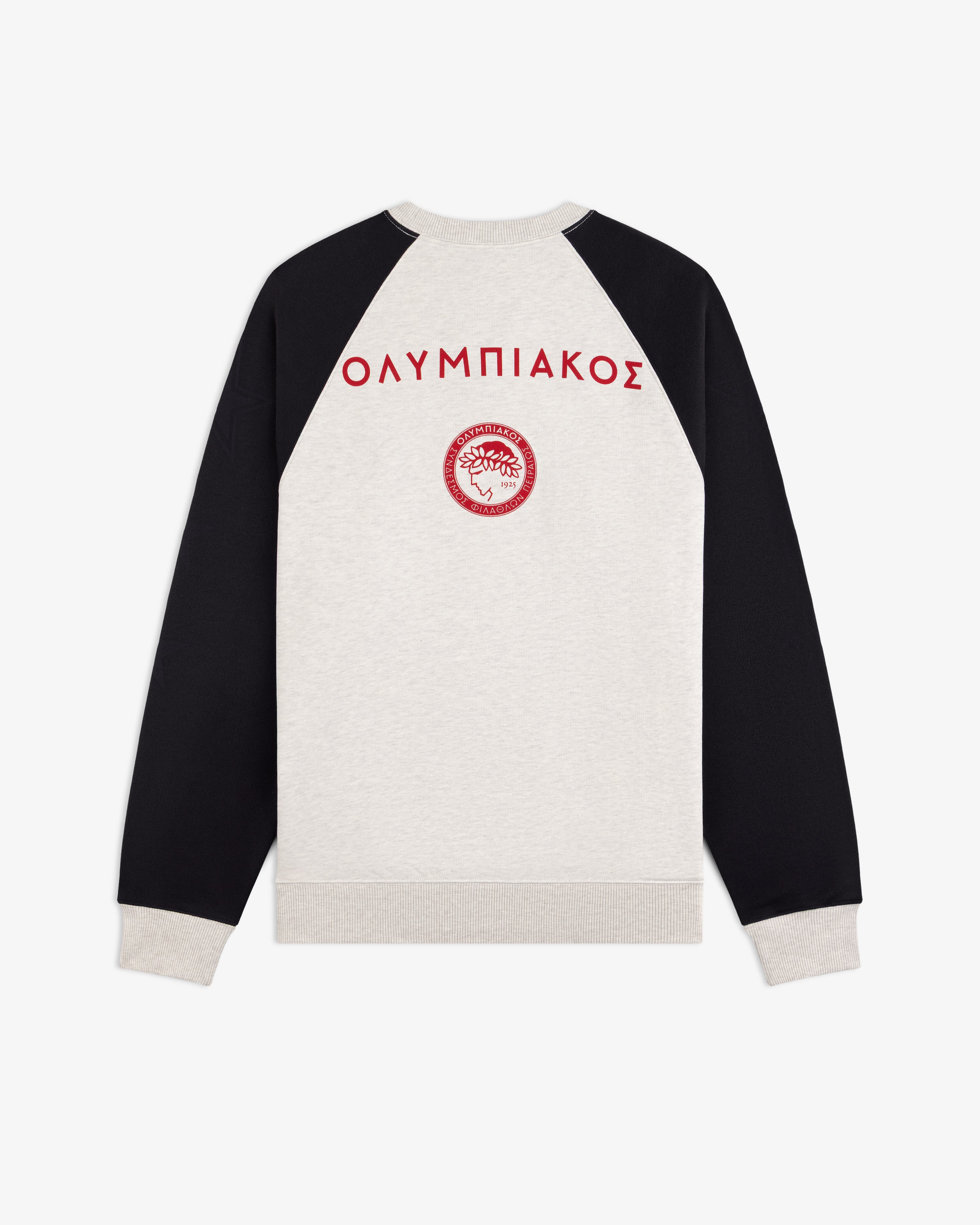 ALD / Olympiacos F.C. light gray colorblock crewneck, black raglan sleeves, red Greek text, and back crest.
