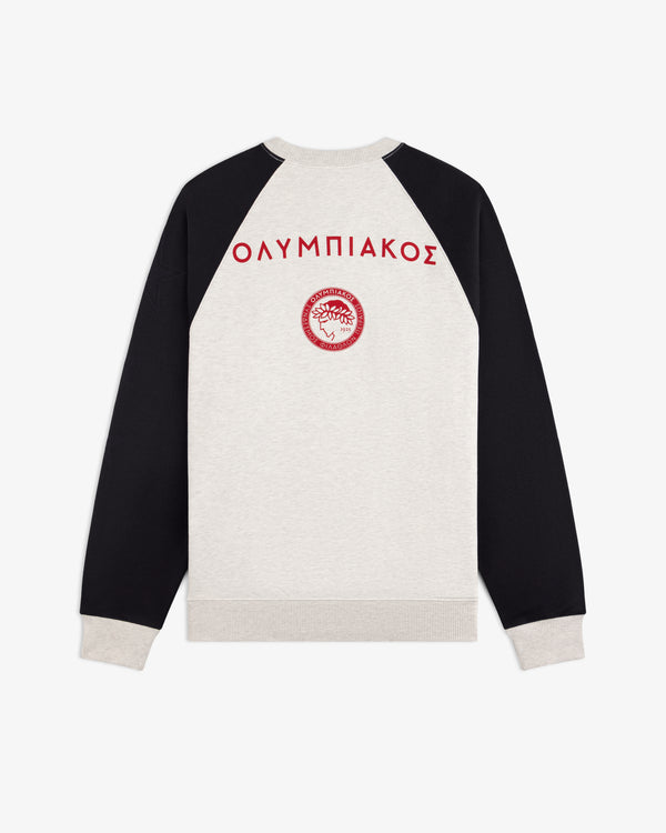 ALD / Olympiacos F.C. light gray colorblock crewneck, black raglan sleeves, red Greek text, and back crest.