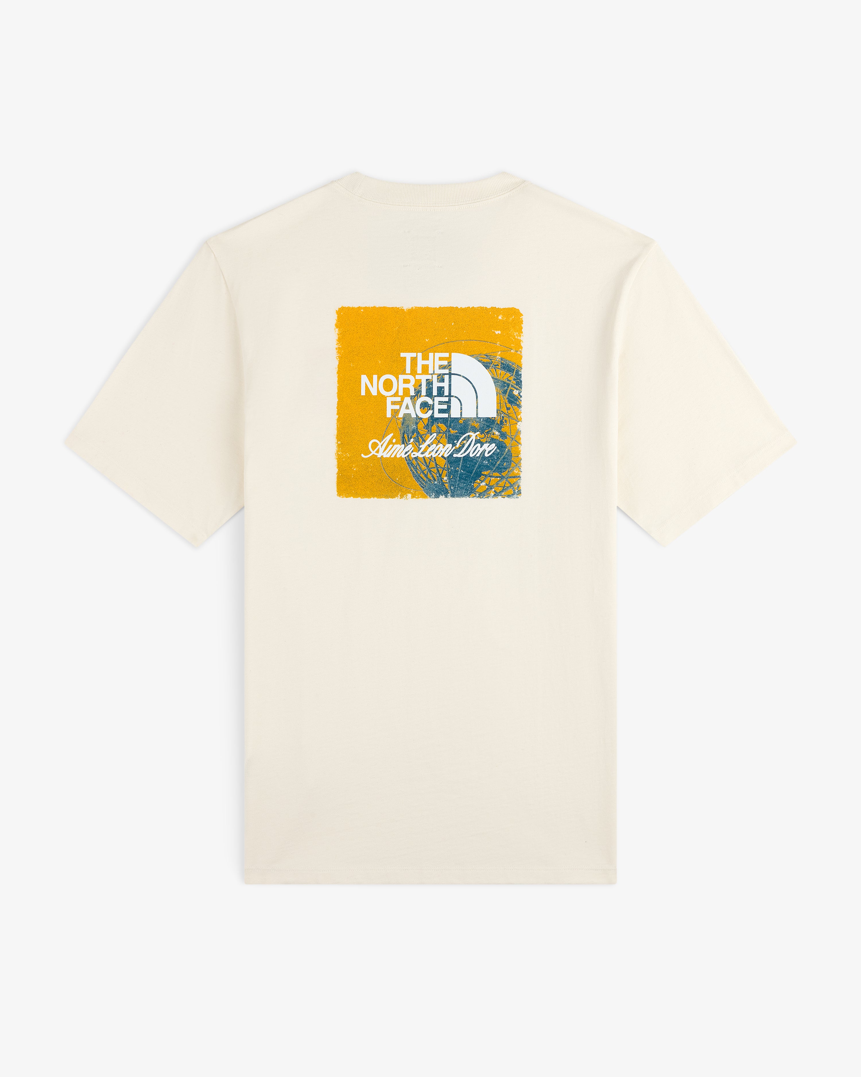 ALD / The North Face Logo Tee: Beige with yellow square and logo above ocean wave art on the back.