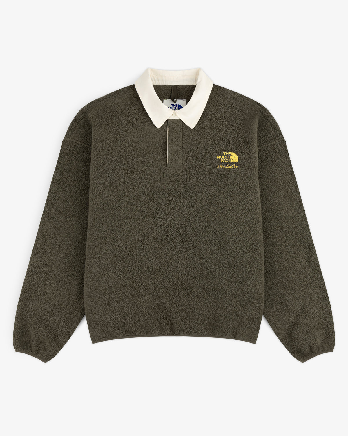 ALD / The North Face Fleece Rugby in olive green with white collar and yellow chest logo.