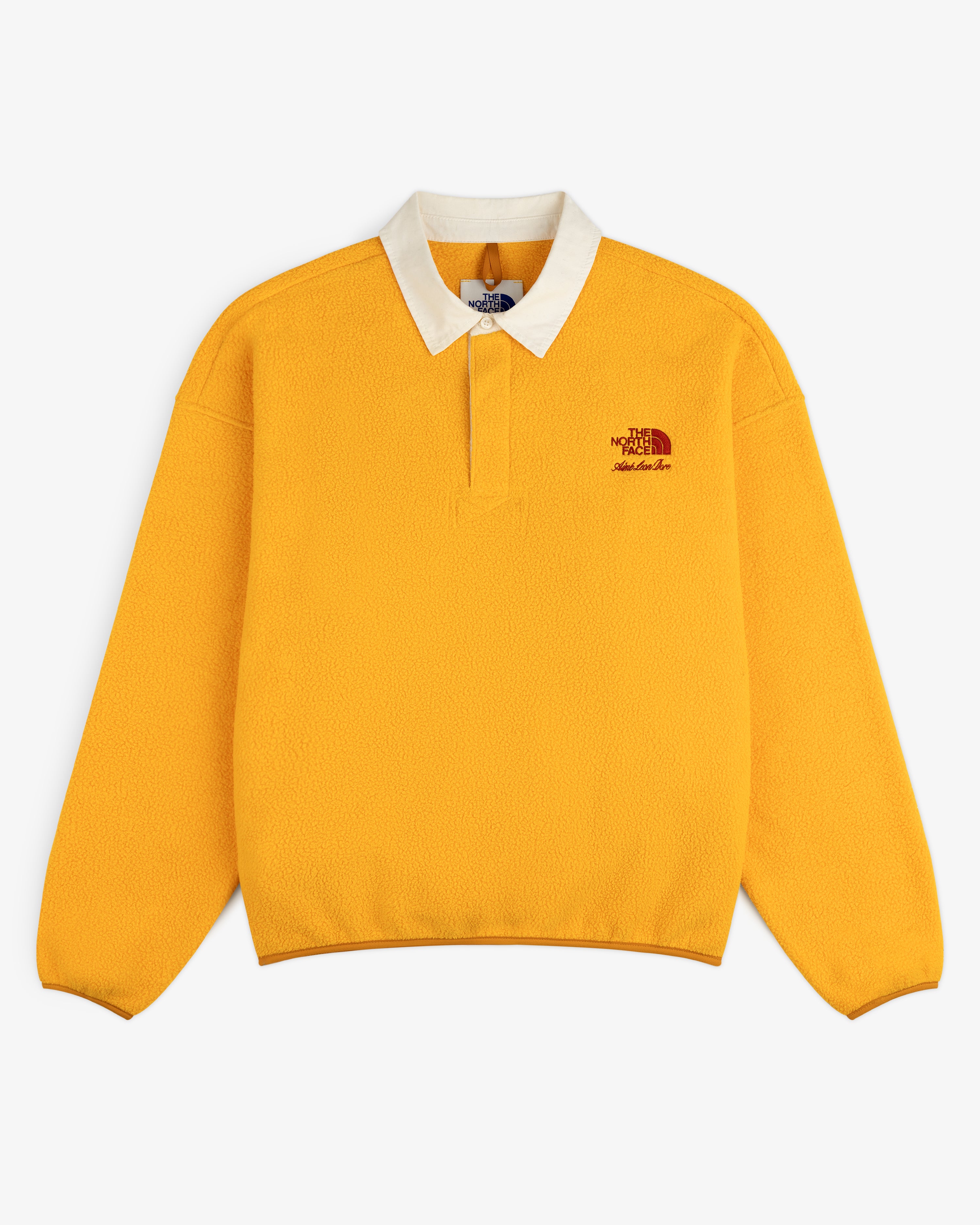 Yellow ALD / The North Face Fleece Rugby with long sleeves, white collar, and chest logo embroidery.
