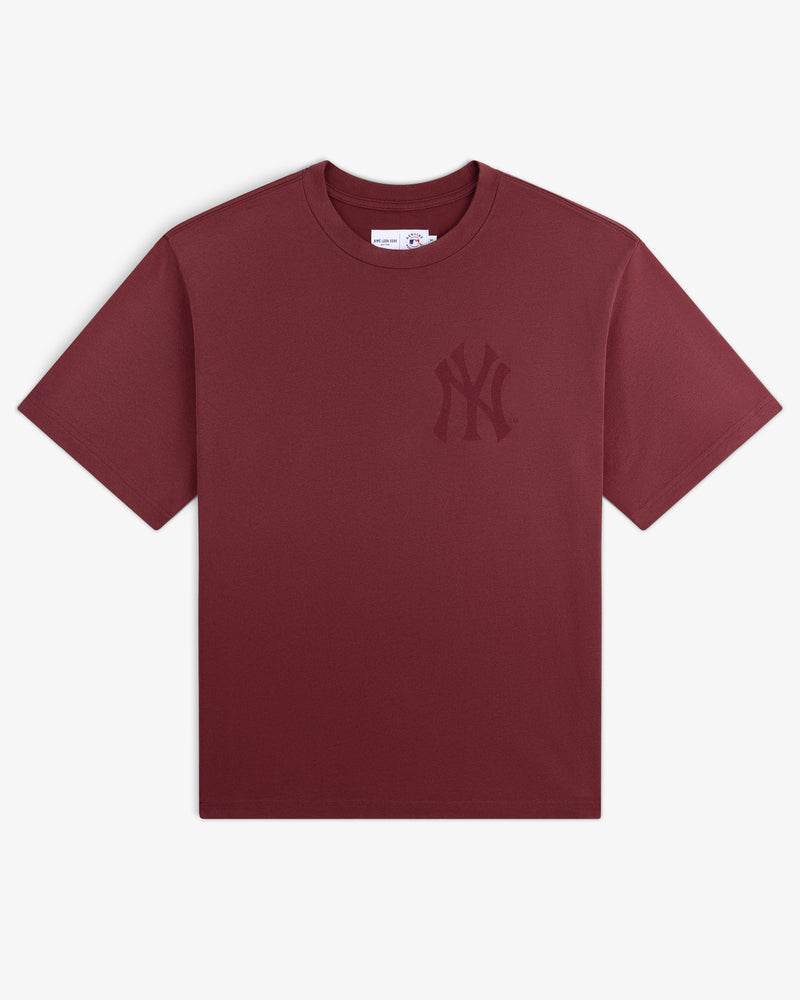 Yankees Washed Logo Tee: maroon short sleeve with a subtle Yankees logo on the left chest.