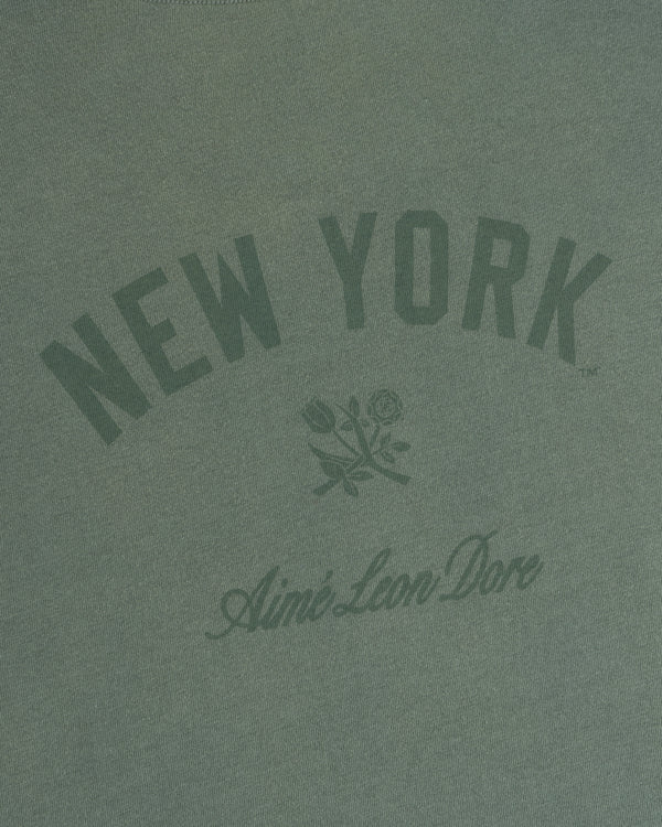 Yankees Washed Logo Tee: Green with NEW YORK, two roses below, Aimé Leon Dore script underneath.