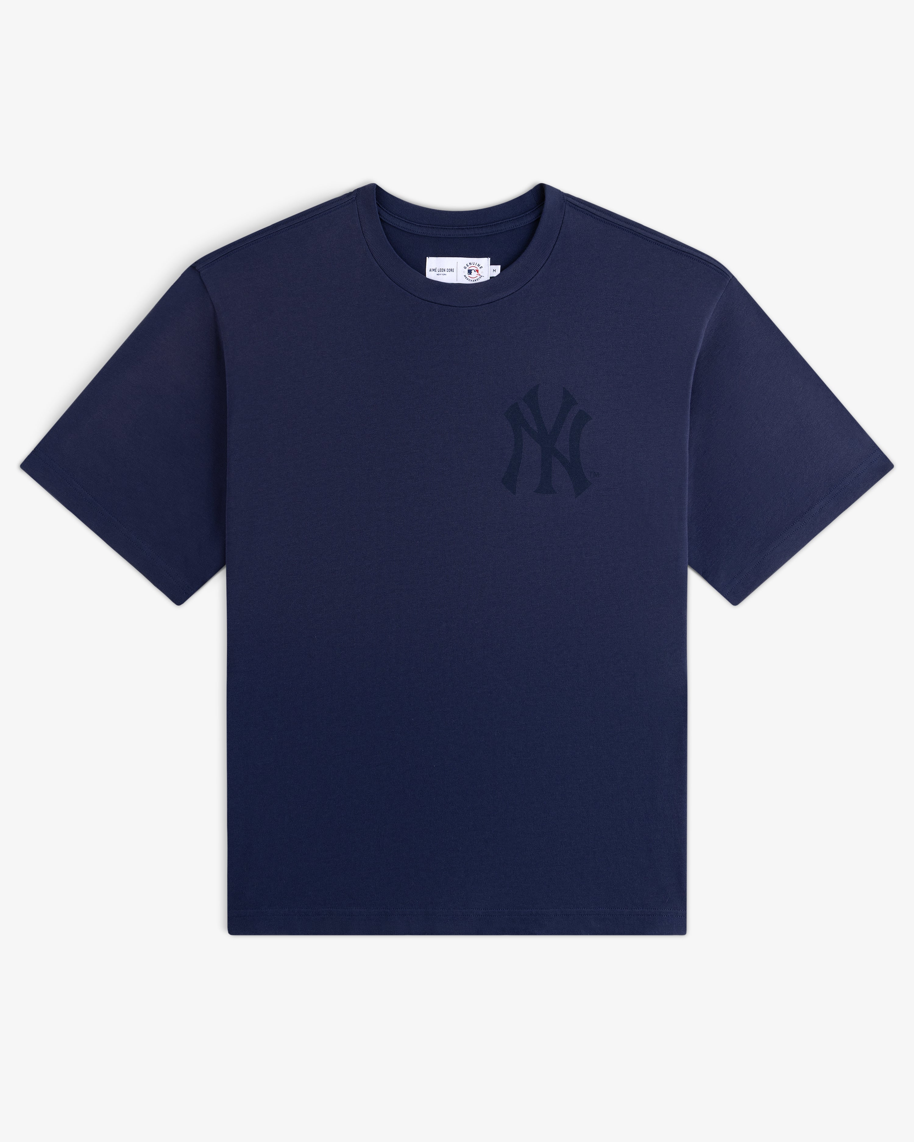 Yankees Washed Logo Tee in navy with subtle left-chest logo, displayed against a white background.