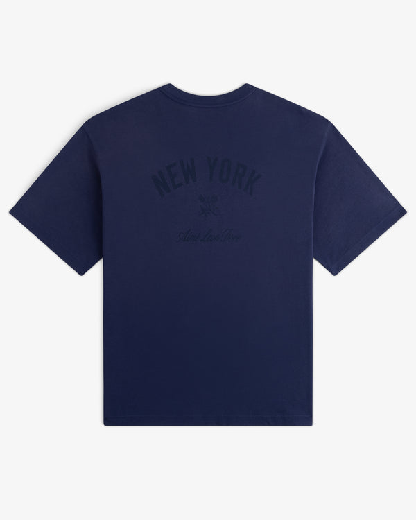 Yankees Washed Logo Tee: Navy tee with NEW YORK and subtle back text in a darker blue shade.