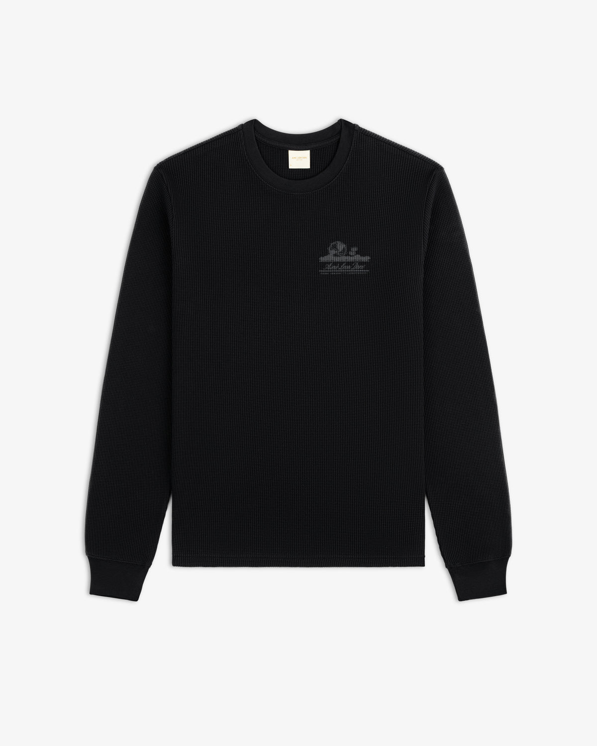 Black Long-Sleeve Unisphere Waffle Thermal with small chest logo, flat on white background.