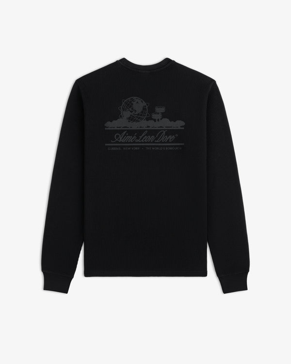Long-Sleeve Unisphere Waffle Thermal: Black top with subtle world graphic and upper back text.