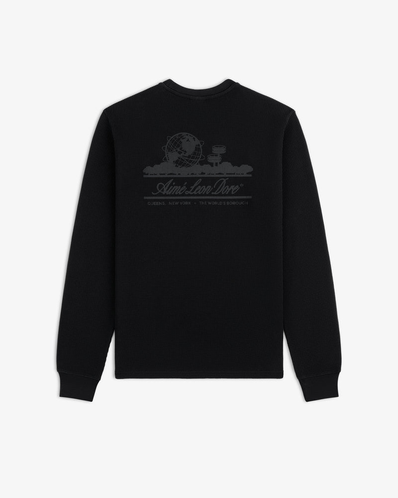 Long-Sleeve Unisphere Waffle Thermal: Black top with subtle world graphic and upper back text.