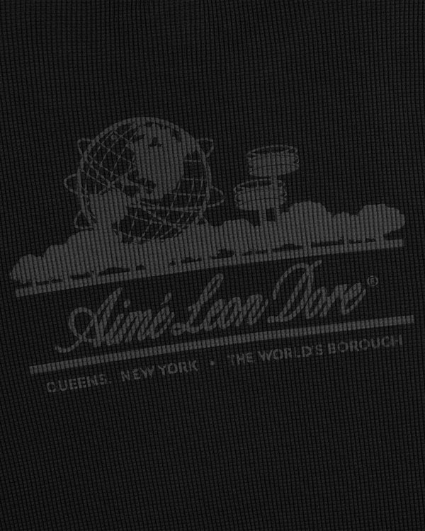 White graphic on Long-Sleeve Unisphere Waffle Thermal: globe, Unisphere, and text—Aimé Leon Dore, Queens, NY.