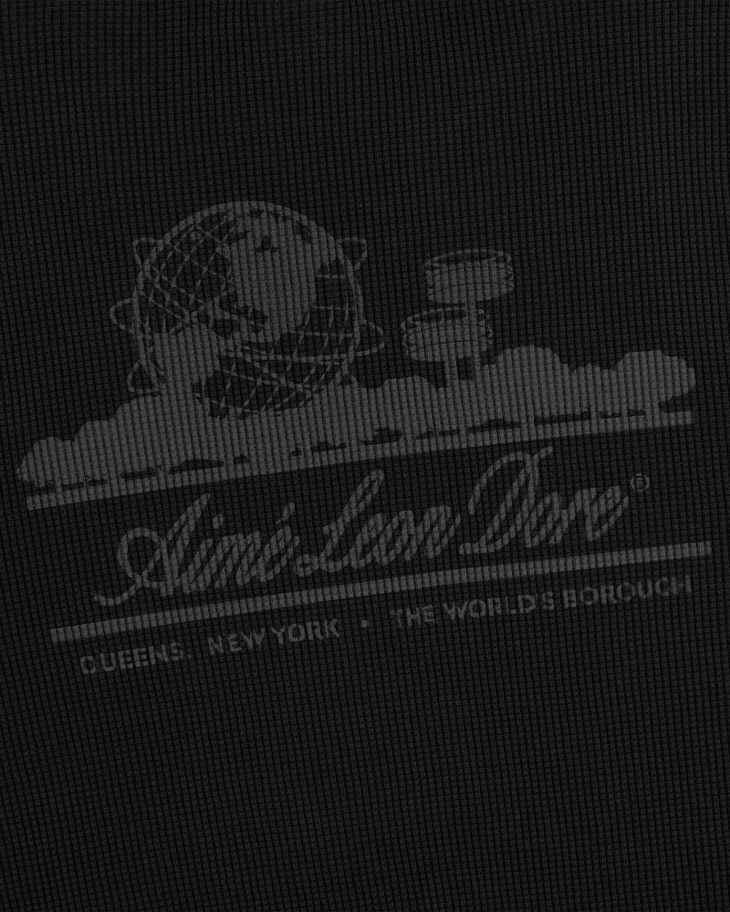 White graphic on Long-Sleeve Unisphere Waffle Thermal: globe, Unisphere, and text—Aimé Leon Dore, Queens, NY.