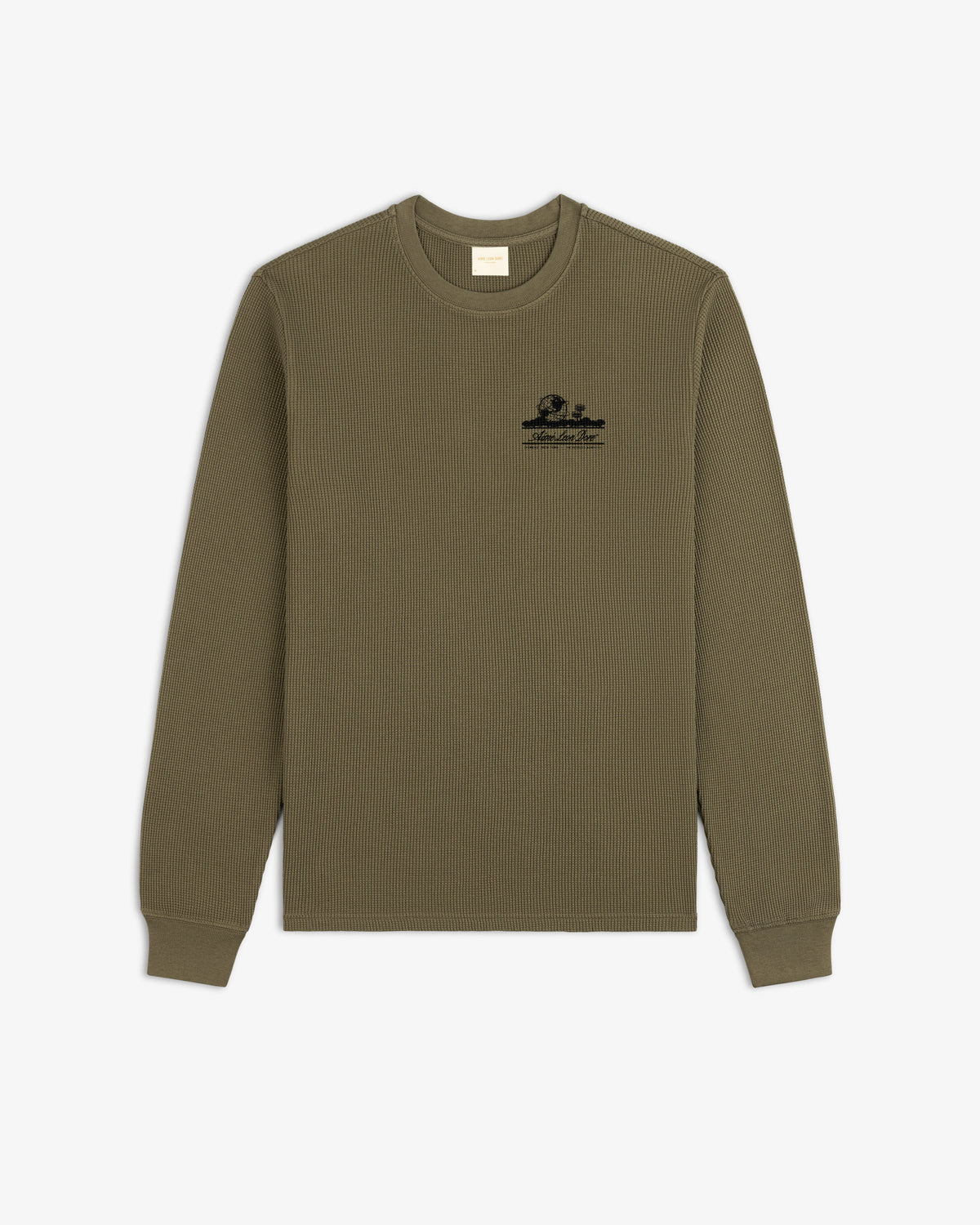 Olive Unisphere Waffle Thermal with black chest logo, ribbed texture, long sleeves; displayed flat on white background.