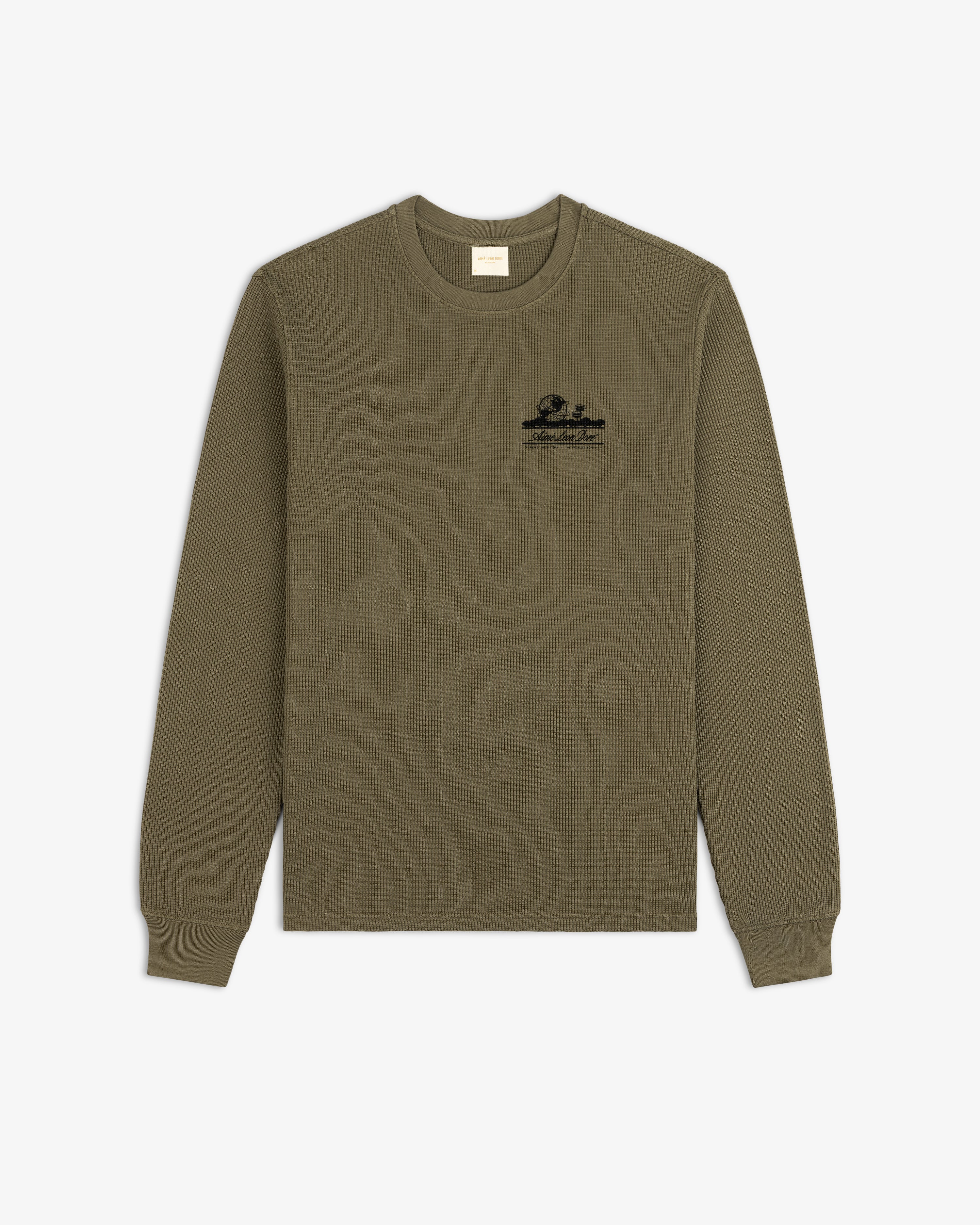 Olive Unisphere Waffle Thermal with black chest logo, ribbed texture, long sleeves; displayed flat on white background.