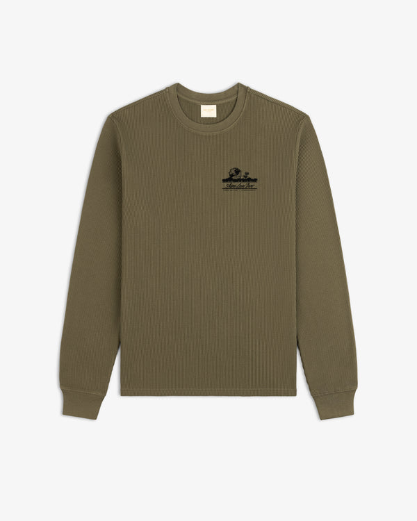 Olive Unisphere Waffle Thermal with black chest logo, ribbed texture, long sleeves; displayed flat on white background.
