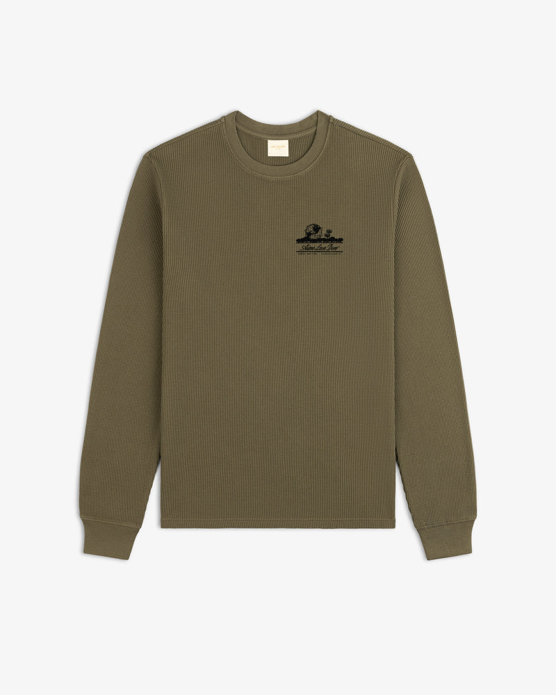 Olive Unisphere Waffle Thermal with black chest logo, ribbed texture, long sleeves; displayed flat on white background.