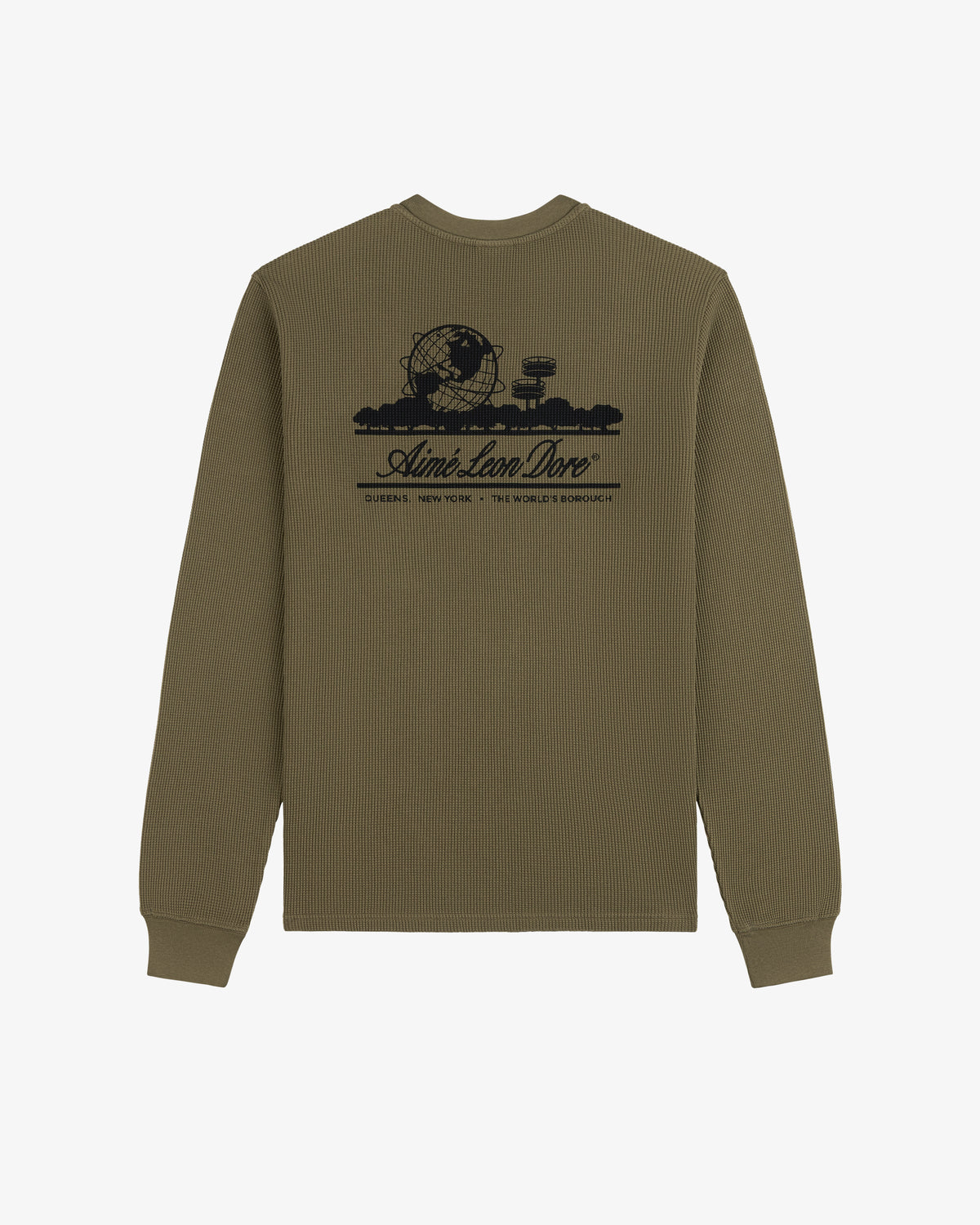 Olive Long-Sleeve Unisphere Waffle Thermal with black globe graphic and text on the upper back.