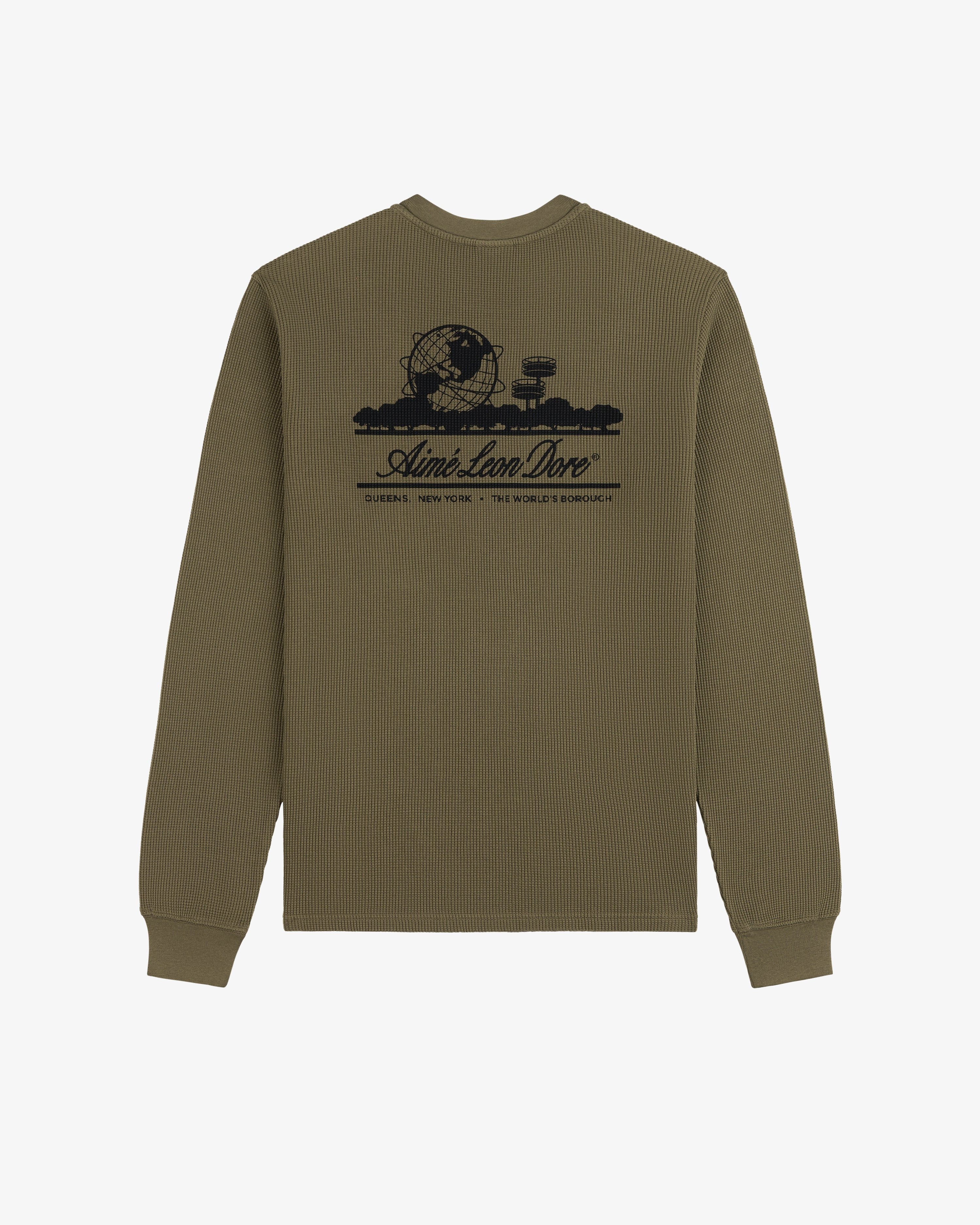 Olive Long-Sleeve Unisphere Waffle Thermal with black globe graphic and text on the upper back.