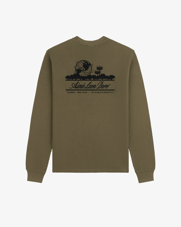 Olive Long-Sleeve Unisphere Waffle Thermal with black globe graphic and text on the upper back.