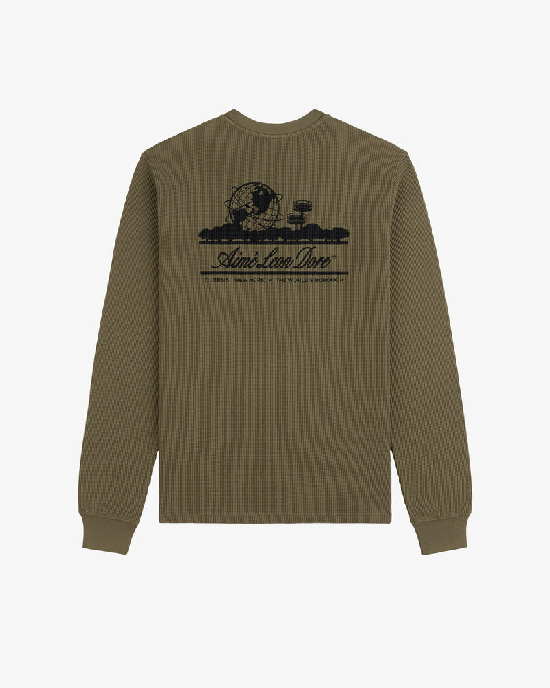 Olive Long-Sleeve Unisphere Waffle Thermal with black globe graphic and text on the upper back.