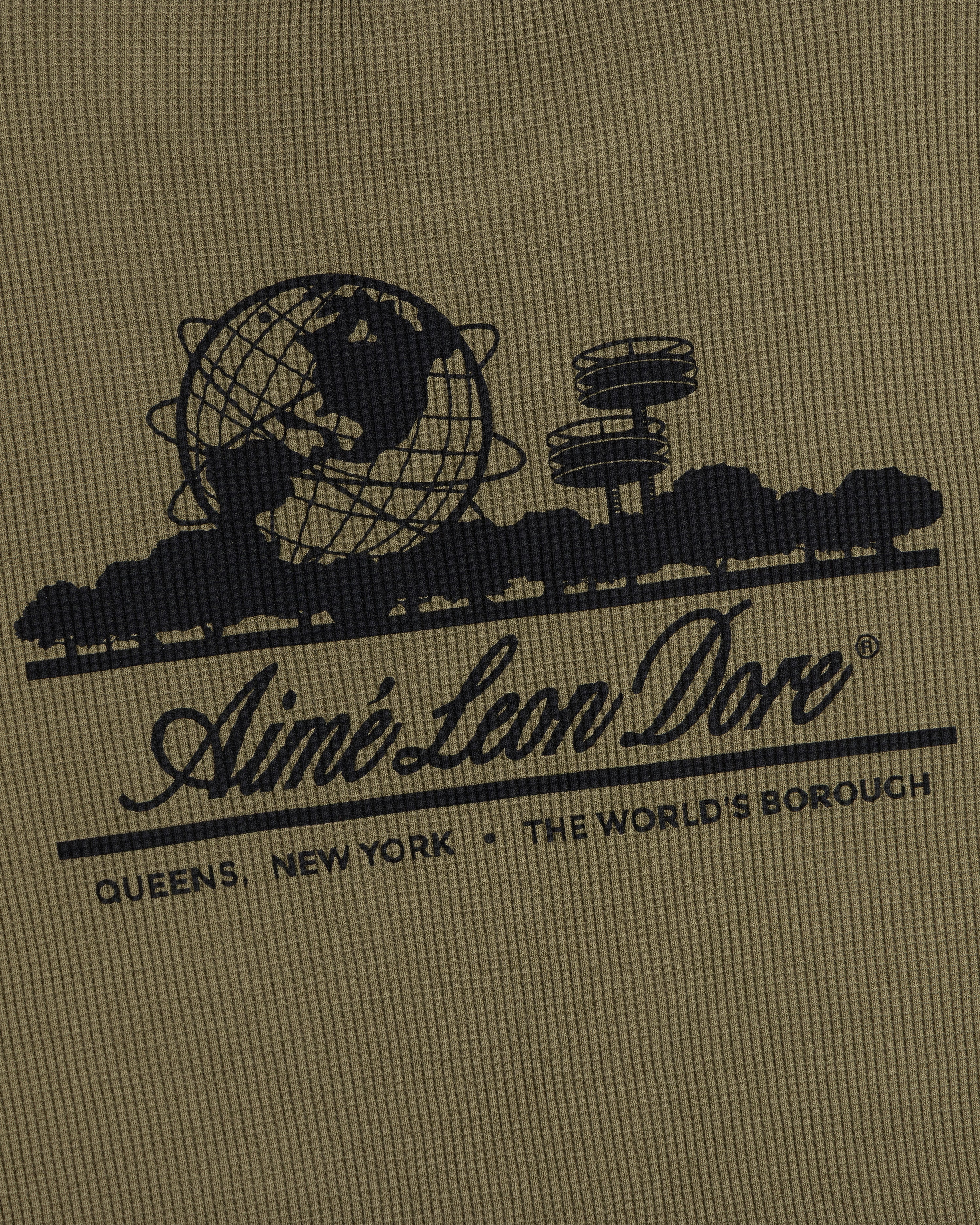Olive Long-Sleeve Unisphere Waffle Thermal with black Aimé Leon Dore logo, globe, and Queens New York text.