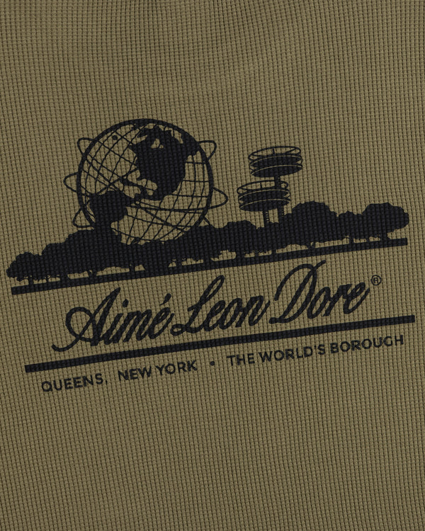 Olive Long-Sleeve Unisphere Waffle Thermal with black Aimé Leon Dore logo, globe, and Queens New York text.