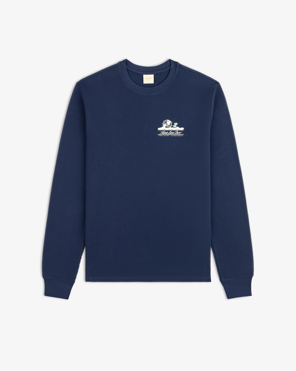 Long-Sleeve Unisphere Waffle Thermal in navy with white chest graphic, shown flat on a white background.
