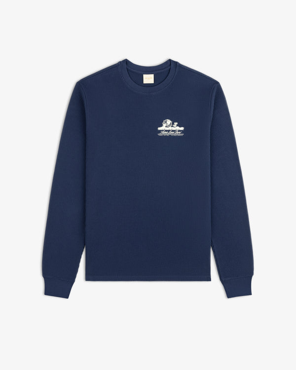 Long-Sleeve Unisphere Waffle Thermal in navy with white chest graphic, shown flat on a white background.
