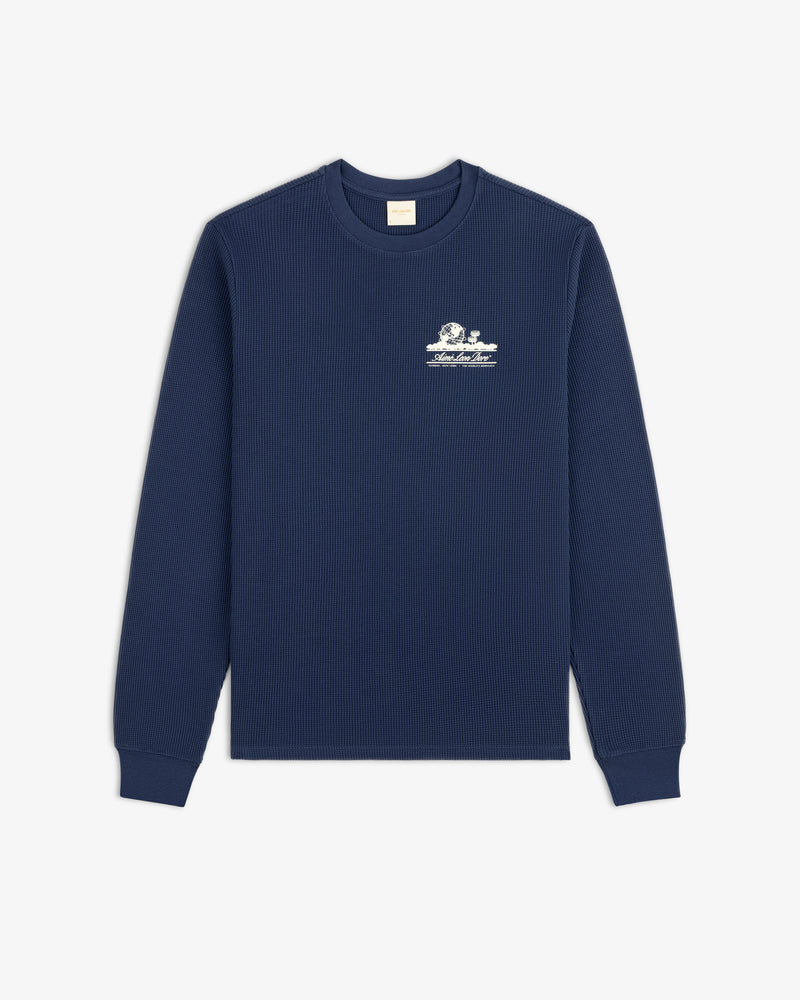 Long-Sleeve Unisphere Waffle Thermal in navy with white chest graphic, shown flat on a white background.