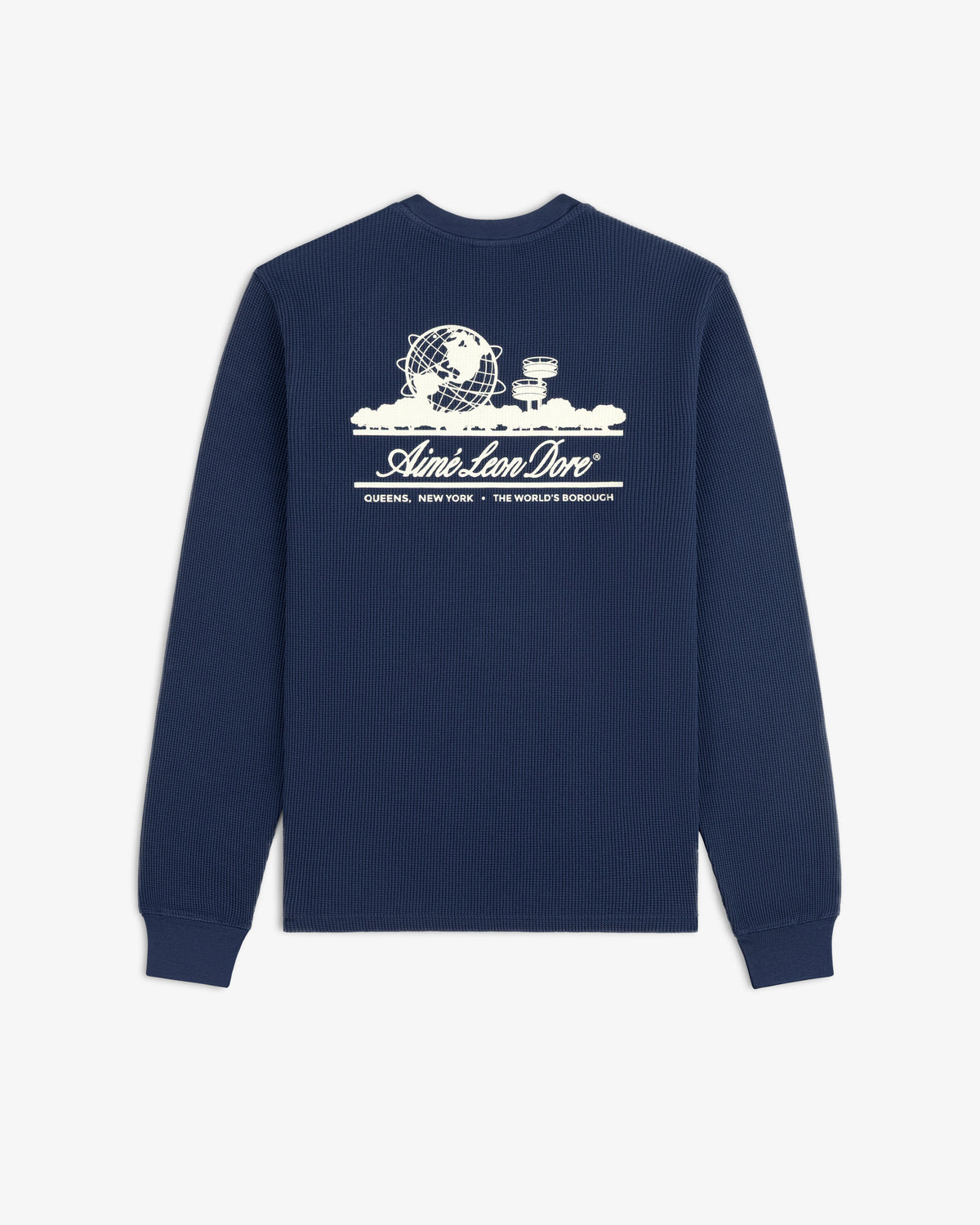 Navy Long-Sleeve Unisphere Waffle Thermal with white globe, cityscape, and Aime Leon Dore, Queens, New York graphic.