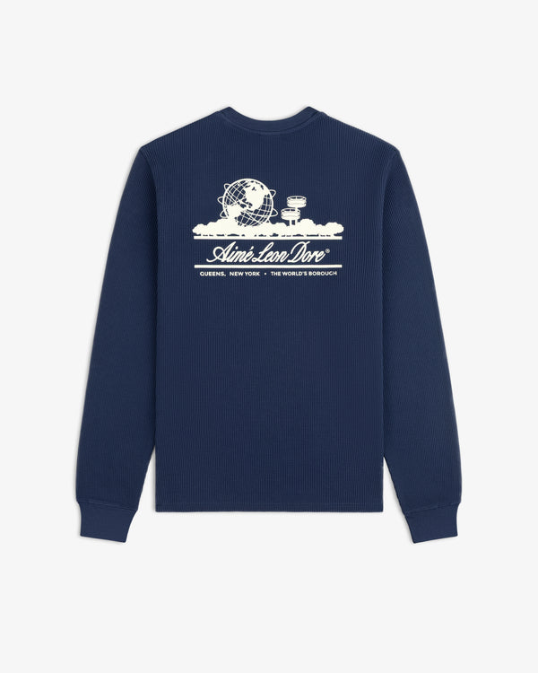Navy Long-Sleeve Unisphere Waffle Thermal with white globe, cityscape, and Aime Leon Dore, Queens, New York graphic.