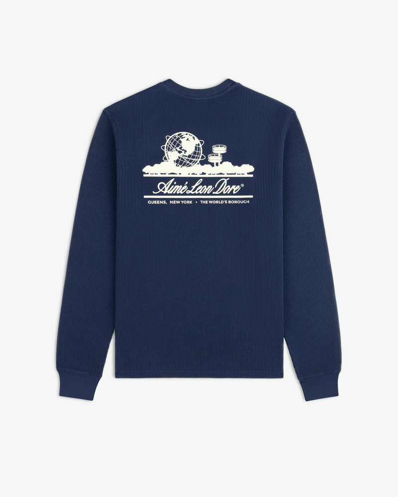 Navy Long-Sleeve Unisphere Waffle Thermal with white globe, cityscape, and Aime Leon Dore, Queens, New York graphic.