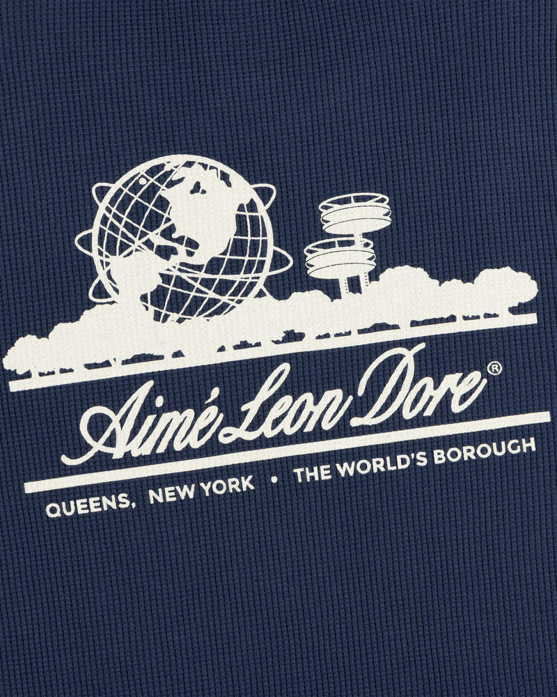 Unisphere and trees graphic with “Aimé Leon Dore” on blue Long-Sleeve Unisphere Waffle Thermal, The World’s Borough.