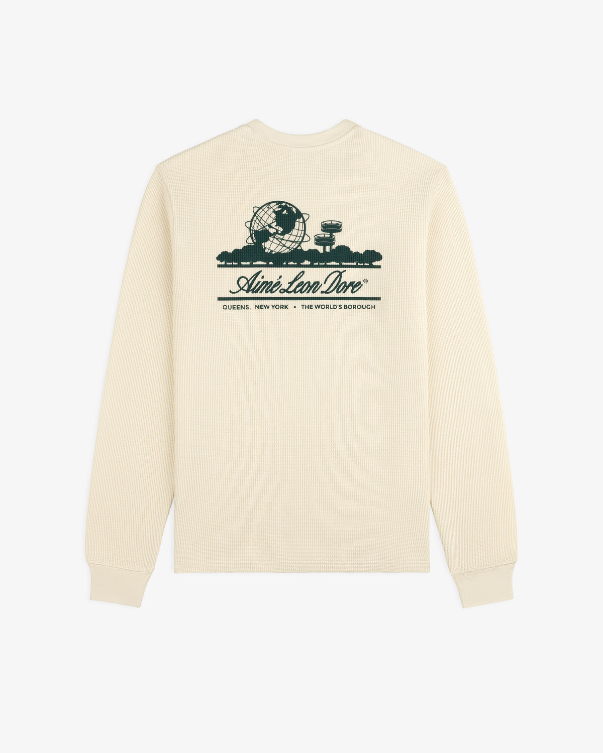 Beige Long-Sleeve Unisphere Waffle Thermal with green Unisphere graphic and Aimé Leon Dore Queens, NY text.