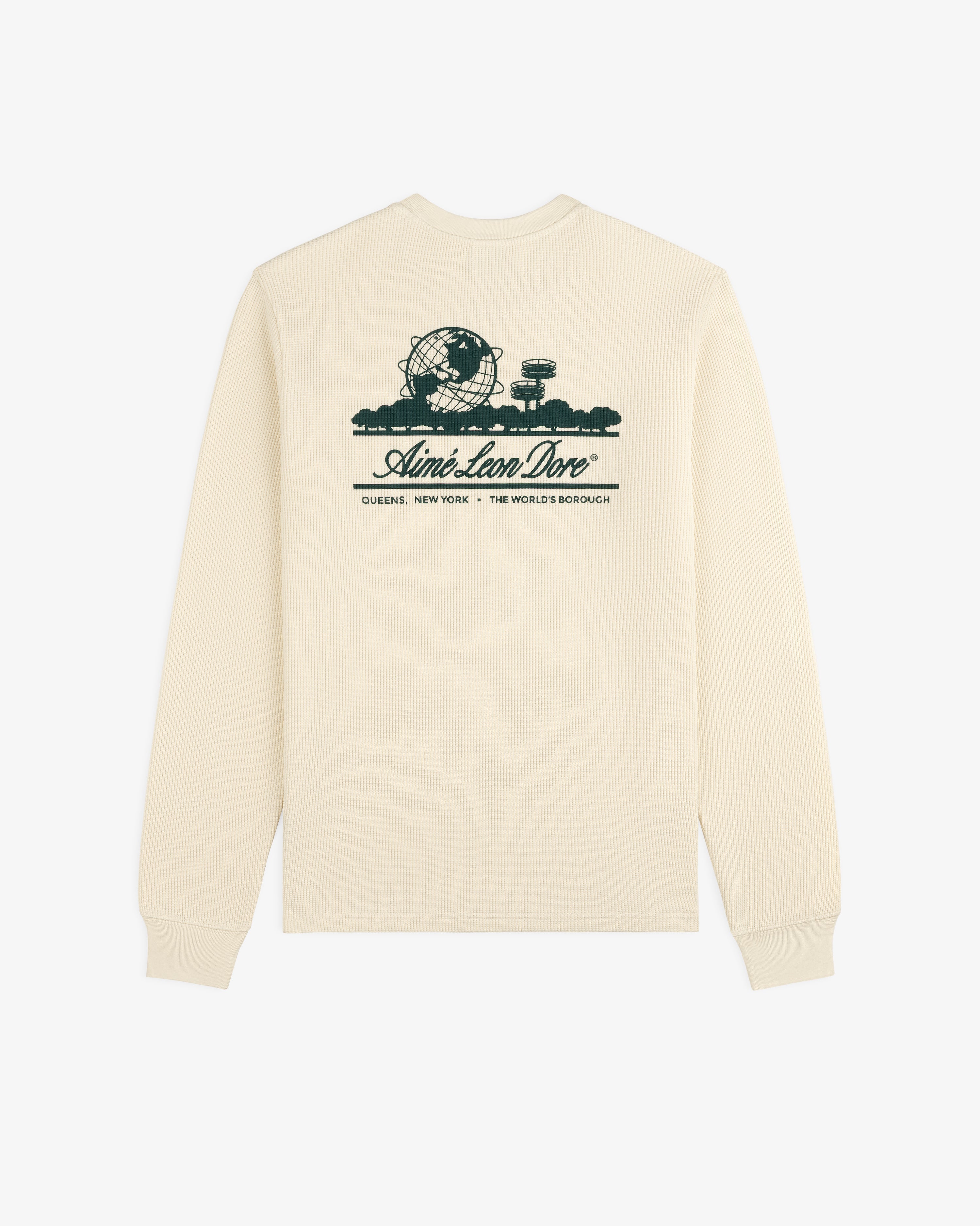 Beige Long-Sleeve Unisphere Waffle Thermal with green Unisphere graphic and Aimé Leon Dore Queens, NY text.