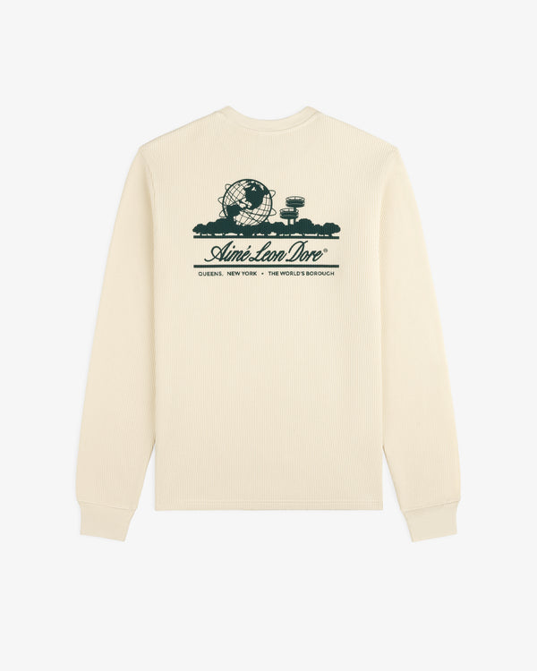 Beige Long-Sleeve Unisphere Waffle Thermal with green Unisphere graphic and Aimé Leon Dore Queens, NY text.