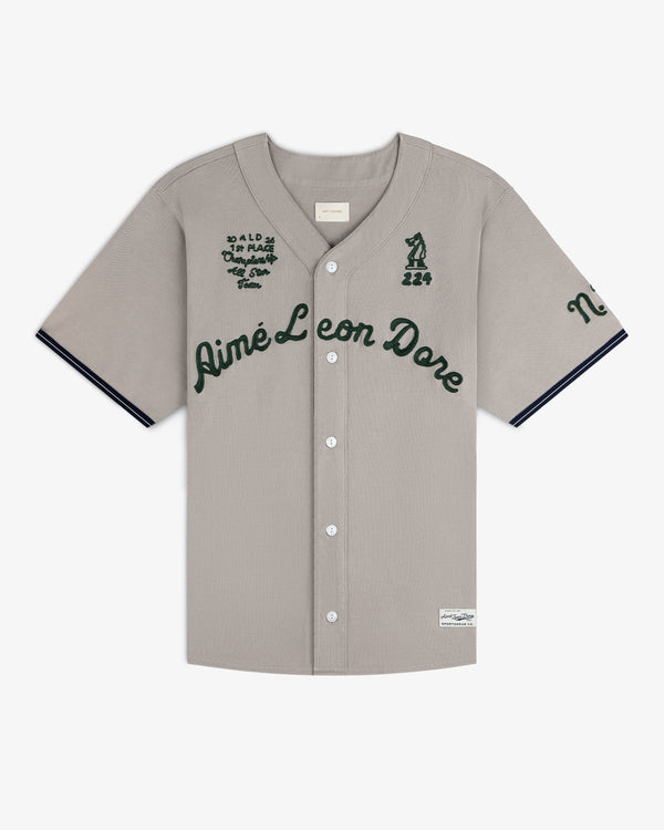 Mulberry Chainstitch Baseball Jersey: Gray with green script and black logo accents on chest and sleeves.