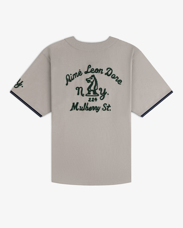 Gray Mulberry Chainstitch Baseball Jersey with dark green text and chess knight graphic on the back.